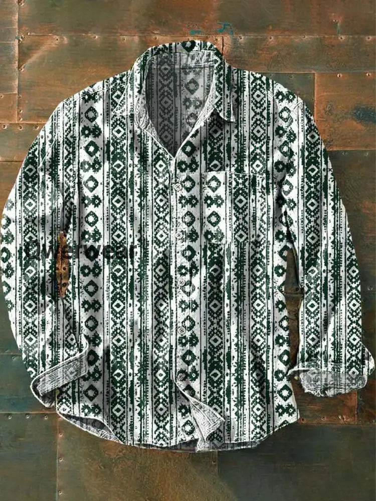Men’s Vintage Western Print Lapel Long Sleeve Shirt As picture / S