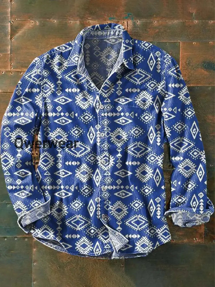 Men’s Vintage Western Print Lapel Long Sleeve Shirt As picture / S