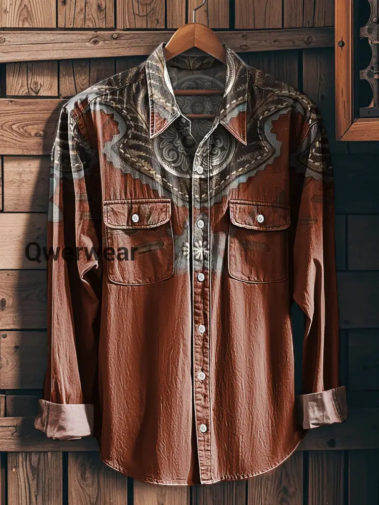 Men’s Vintage Western Symmetrical Floral Pattern Long Sleeve Workwear Pocket Shirt Colorful / S Mens shirts