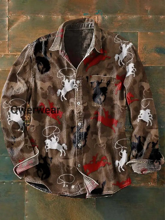 Men’s Western Horse Print Casual Lapel Long Sleeve Shirt As picture / S Mens shirts