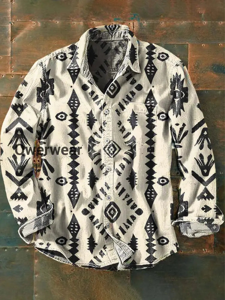 Mens Western Vintage Print Casual Long Sleeve Shirt As picture / S Mens shirts
