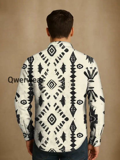 Mens Western Vintage Print Casual Long Sleeve Shirt Mens shirts