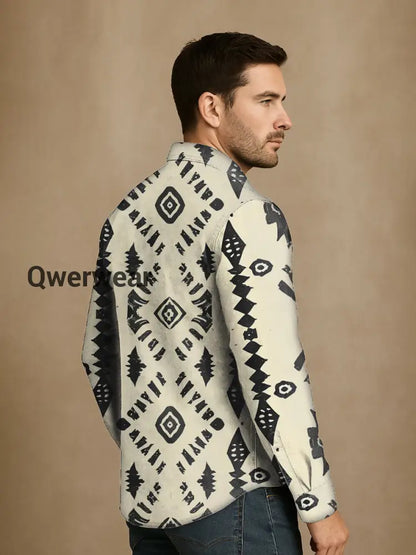 Mens Western Vintage Print Casual Long Sleeve Shirt Mens shirts