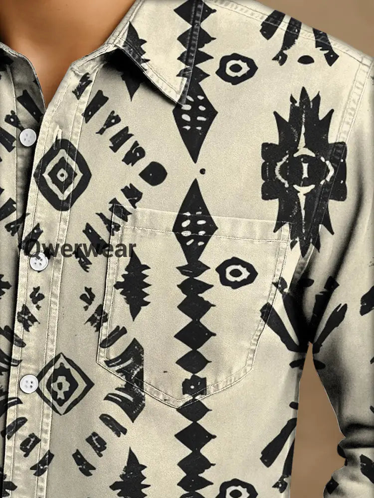 Mens Western Vintage Print Casual Long Sleeve Shirt Mens shirts