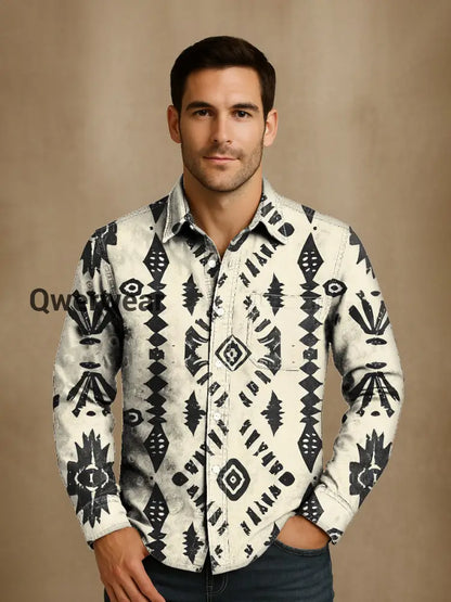 Mens Western Vintage Print Casual Long Sleeve Shirt Mens shirts