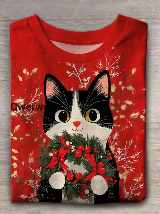 Merry Christmas Cat Crew Neck T-shirt Mixed Color / S Women\’s Tops