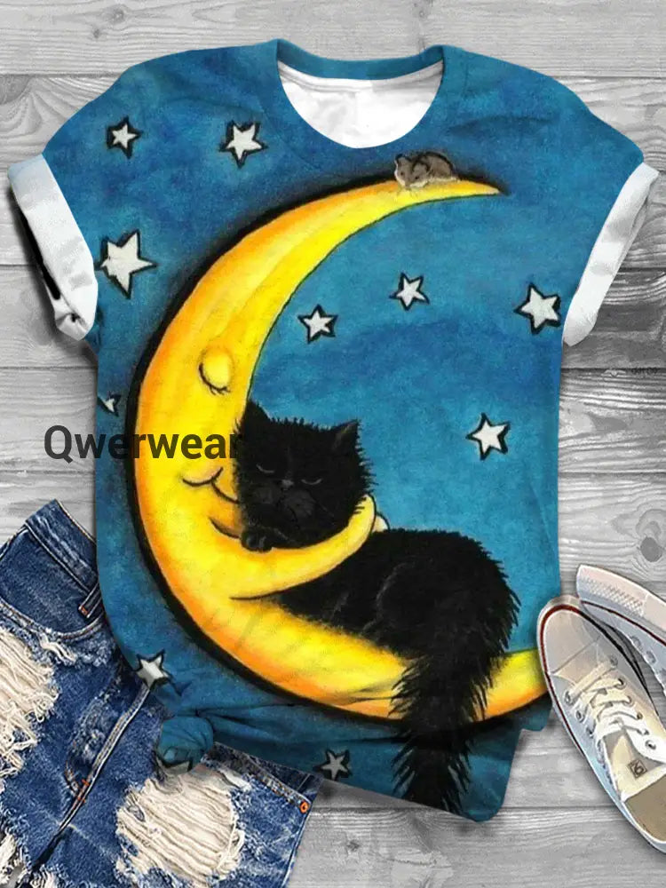Moon and Black Cat Short Sleeve Crew Neck T-Shirt multicolor / S Women\’s Tops
