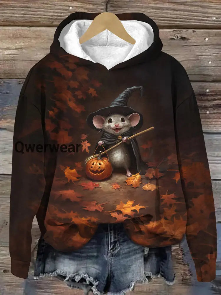 Mouse Wizard Art Print Unisex Long Sleeve Casual Hooded Sweatshirt Black-Brown / S