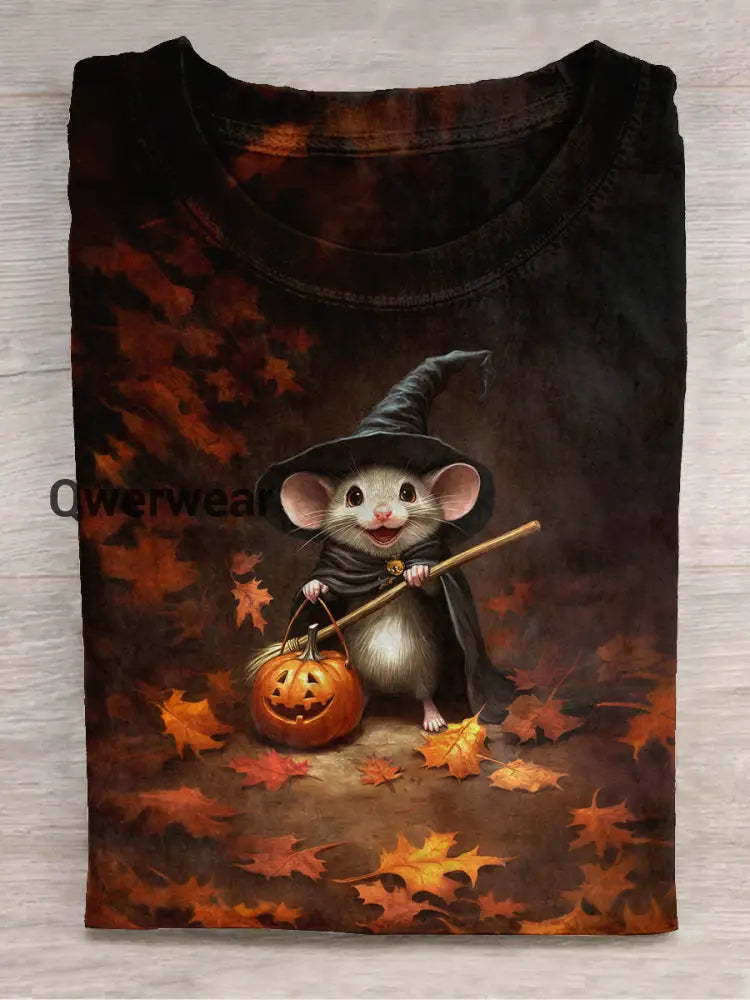 Mouse Wizard Art Print Unisex Round Neck Short Sleeve Casual T-Shirt Black-Brown / S