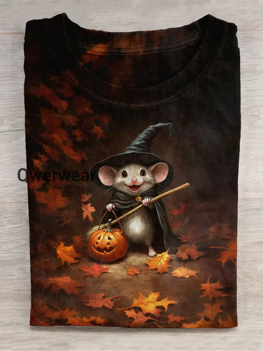 Mouse Wizard Art Print Unisex Round Neck Short Sleeve Casual T-Shirt Black-Brown / S