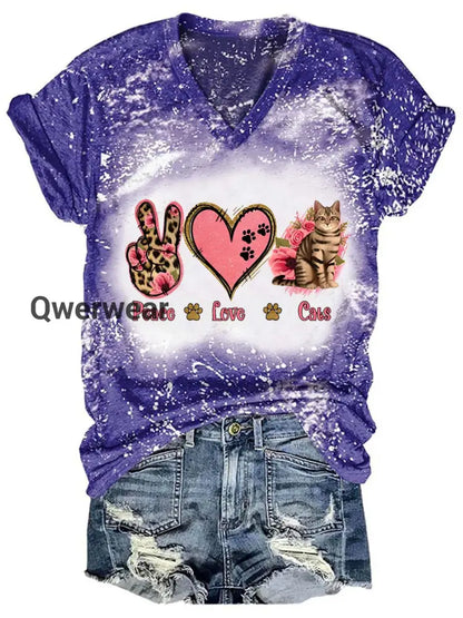 Peace Love Cat Print V-Neck Top Blue / S Women\’s Tops