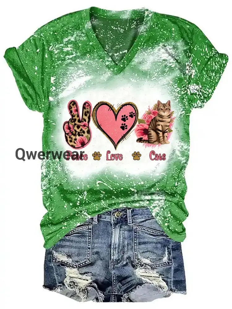 Peace Love Cat Print V-Neck Top Green / S Women\’s Tops