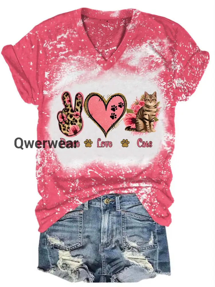 Peace Love Cat Print V-Neck Top Pink / S Women\’s Tops