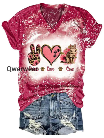 Peace Love Cat Print V-Neck Top Red / S Women\’s Tops