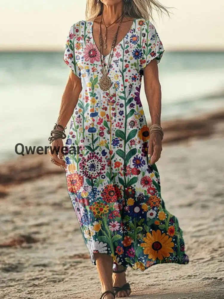 Printed V-Neck Elegant Chic Loose Long Sleeve Maxi Dress Colorful / S