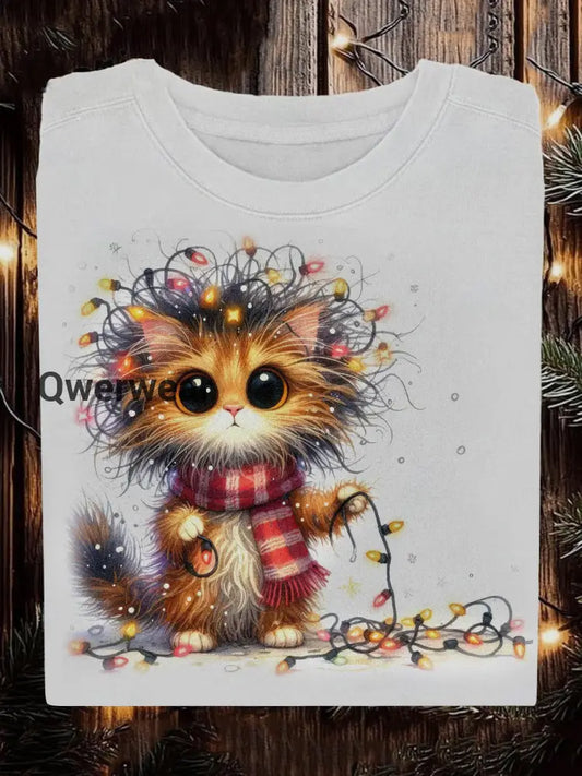Quirky Cat Christmas Lights Long Sleeve Casual Top Mixed Color / S Women\’s Tops
