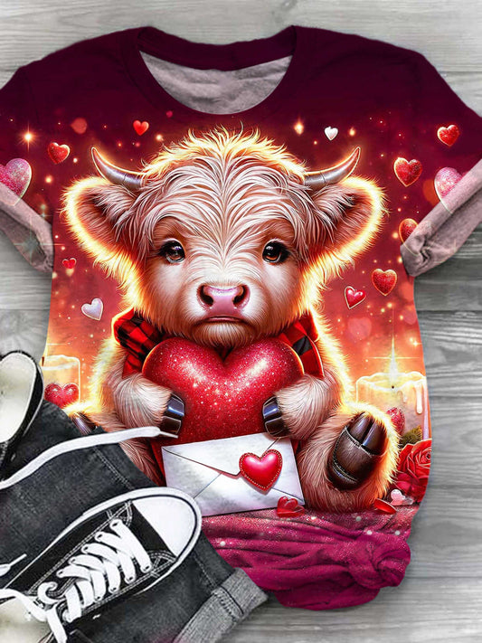 Valentine Highland Cow Love Letter Print Crew Neck T-Shirt