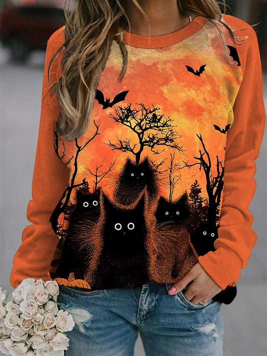 Black Cat Print Round Neck Long Sleeve Top