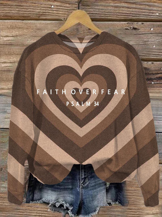 Faith Over Fear Psalm 34 Christian Printed Long Sleeve Casual Top