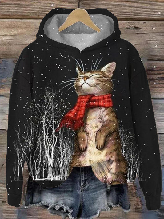 Winter Cat Long Sleeve Casual Hooded Sweatshirt