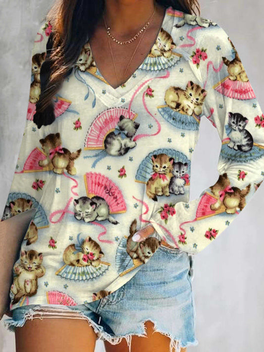 Retro Cat Print V-Neck Long Sleeve T-Shirt