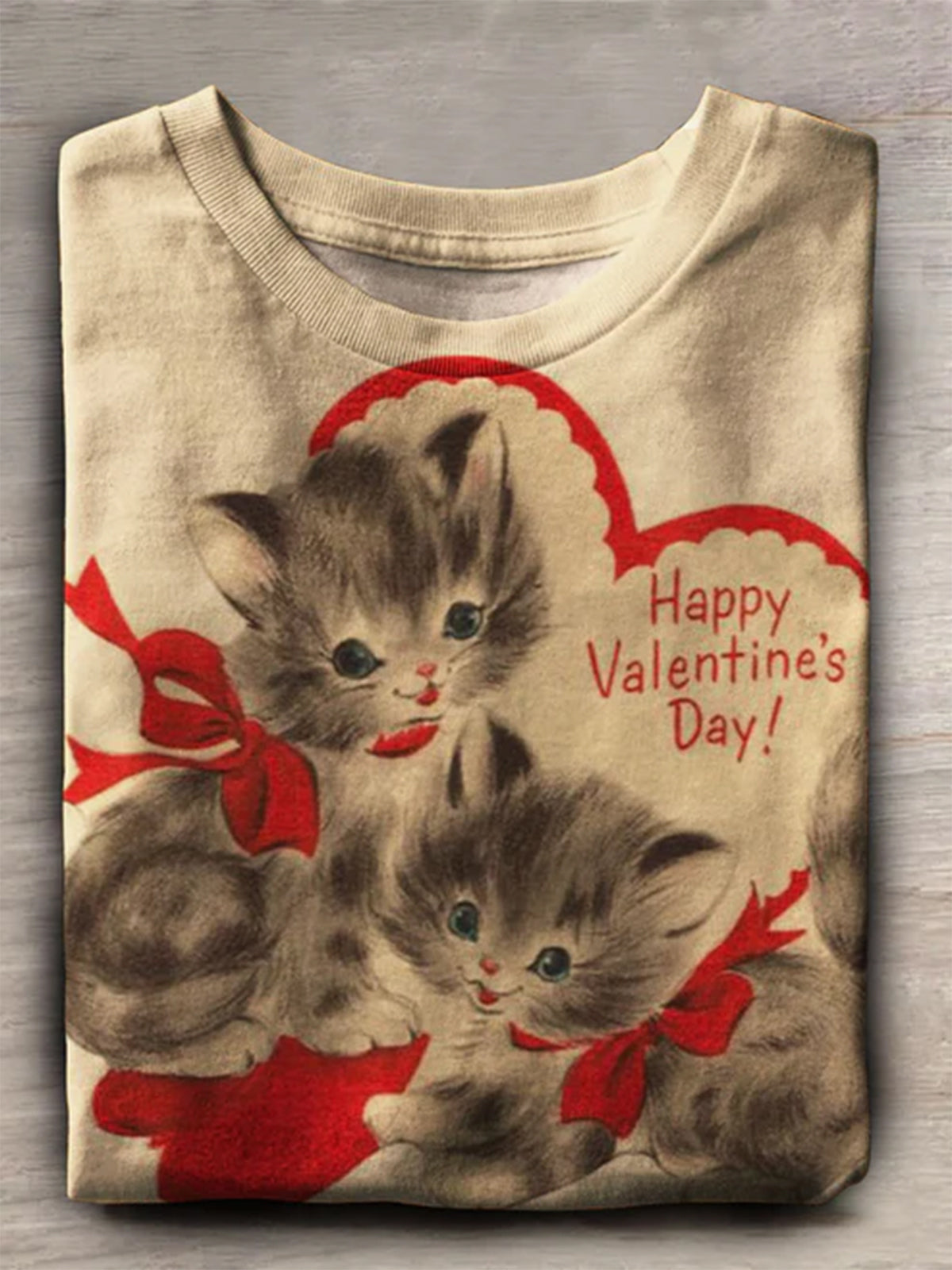 Women's Valentine's Day Cat Companion Bow Heart Print Casual T-shirt