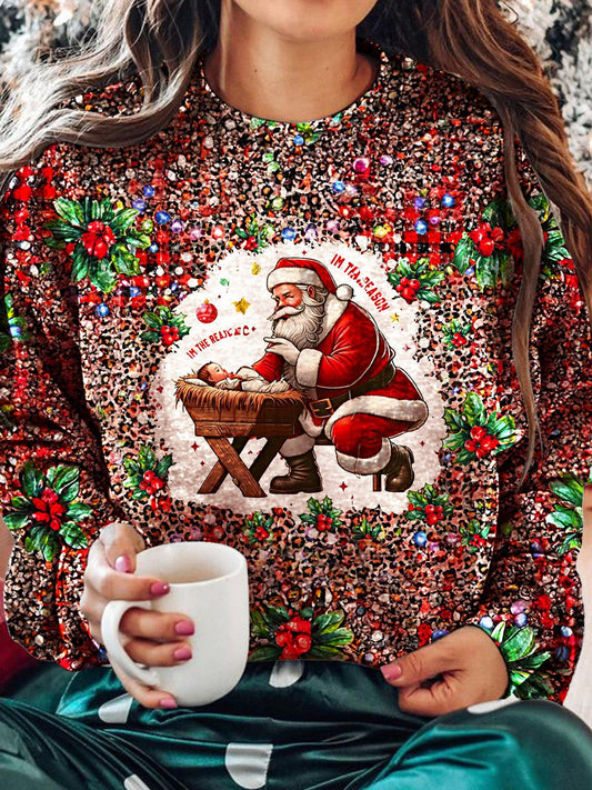 Santa And Jesus Printed Long Sleeve Casual Top