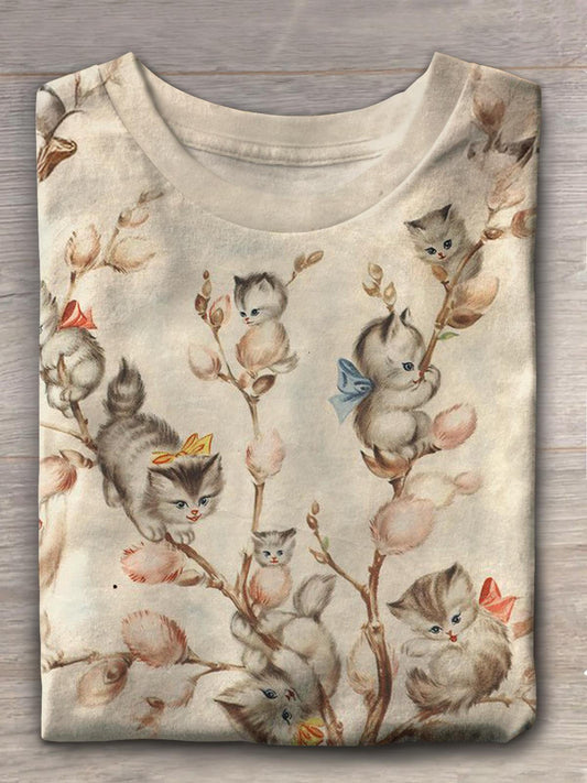 Women's Cute Cat Tree Bow Vintage Print T-shirt