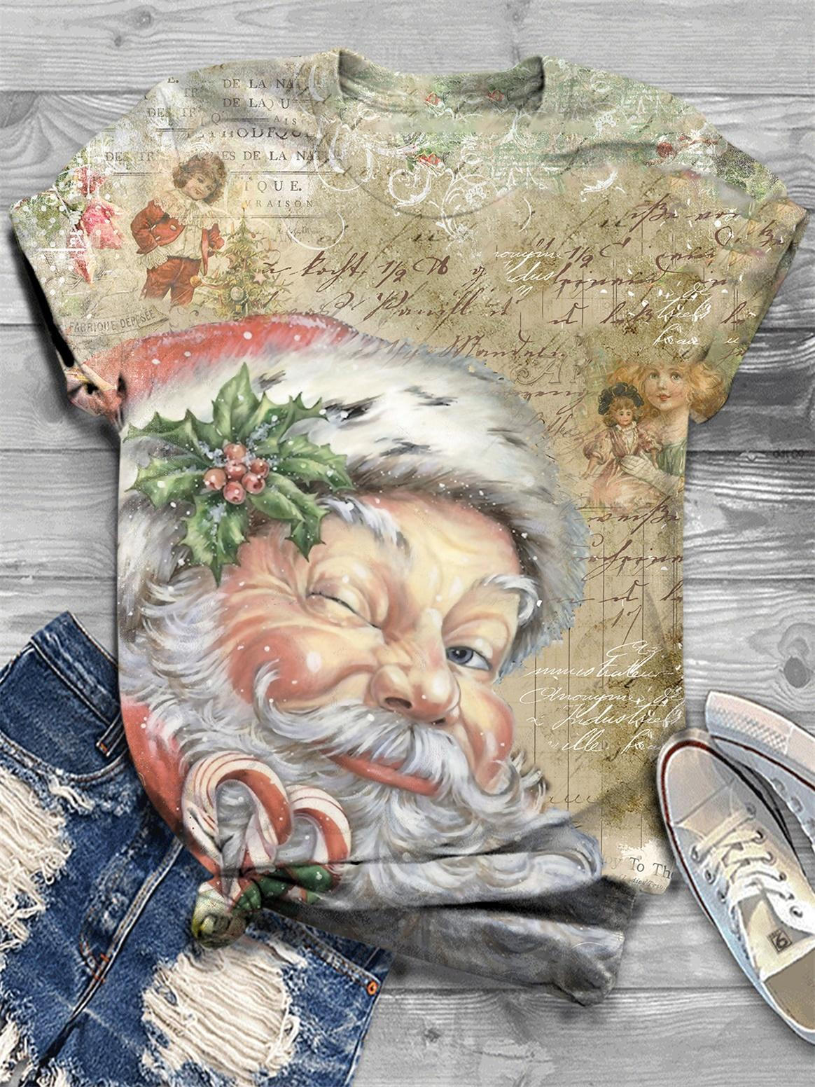 Pink Vintage Santa Print Crew Neck T-Shirt