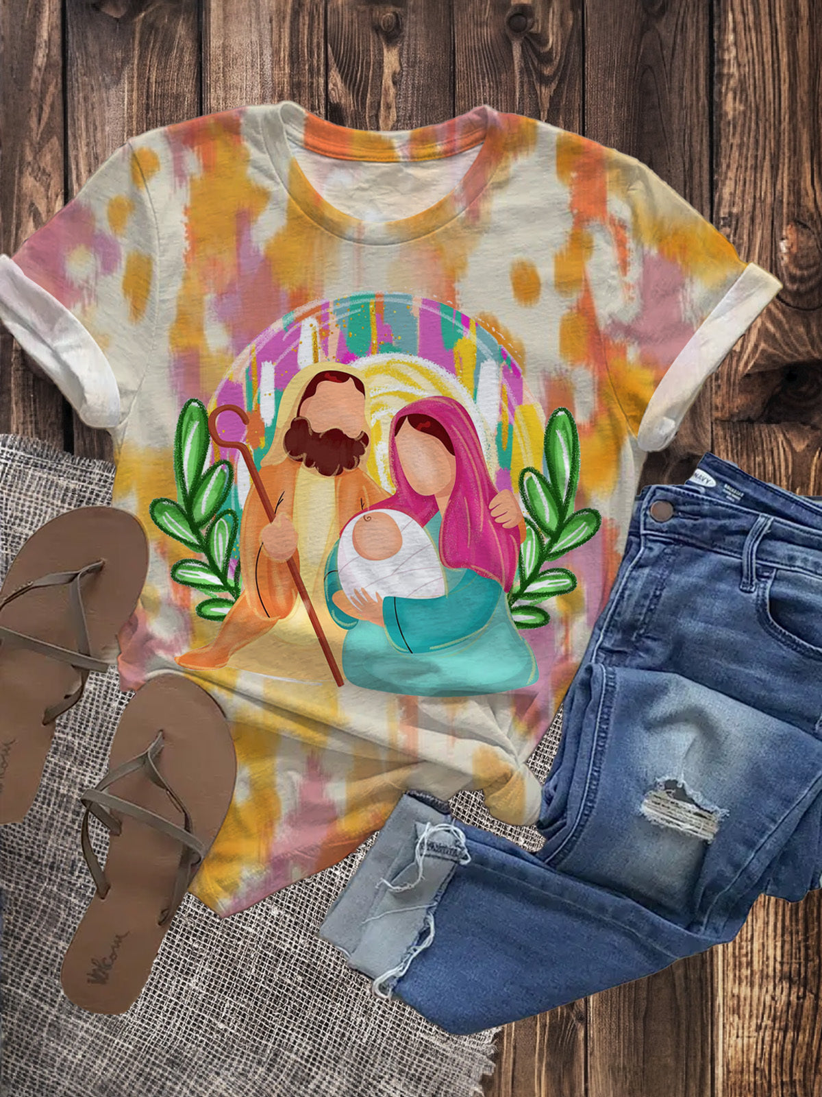 Colorful Glitter Jesus Christmas Crew Neck T-shirt