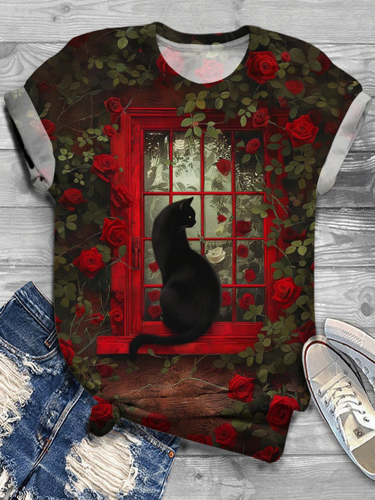 Women's Cat In The Flowers Crew Neck T-shirt