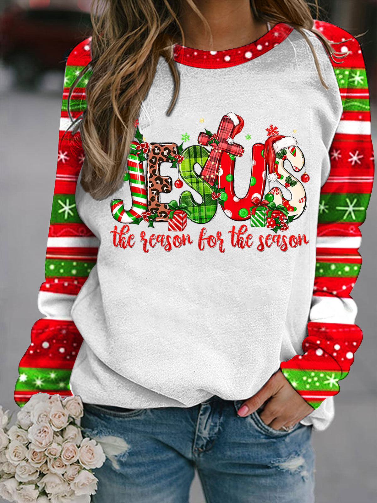 Jesus The Reason For The Season Print Long Sleeve Top