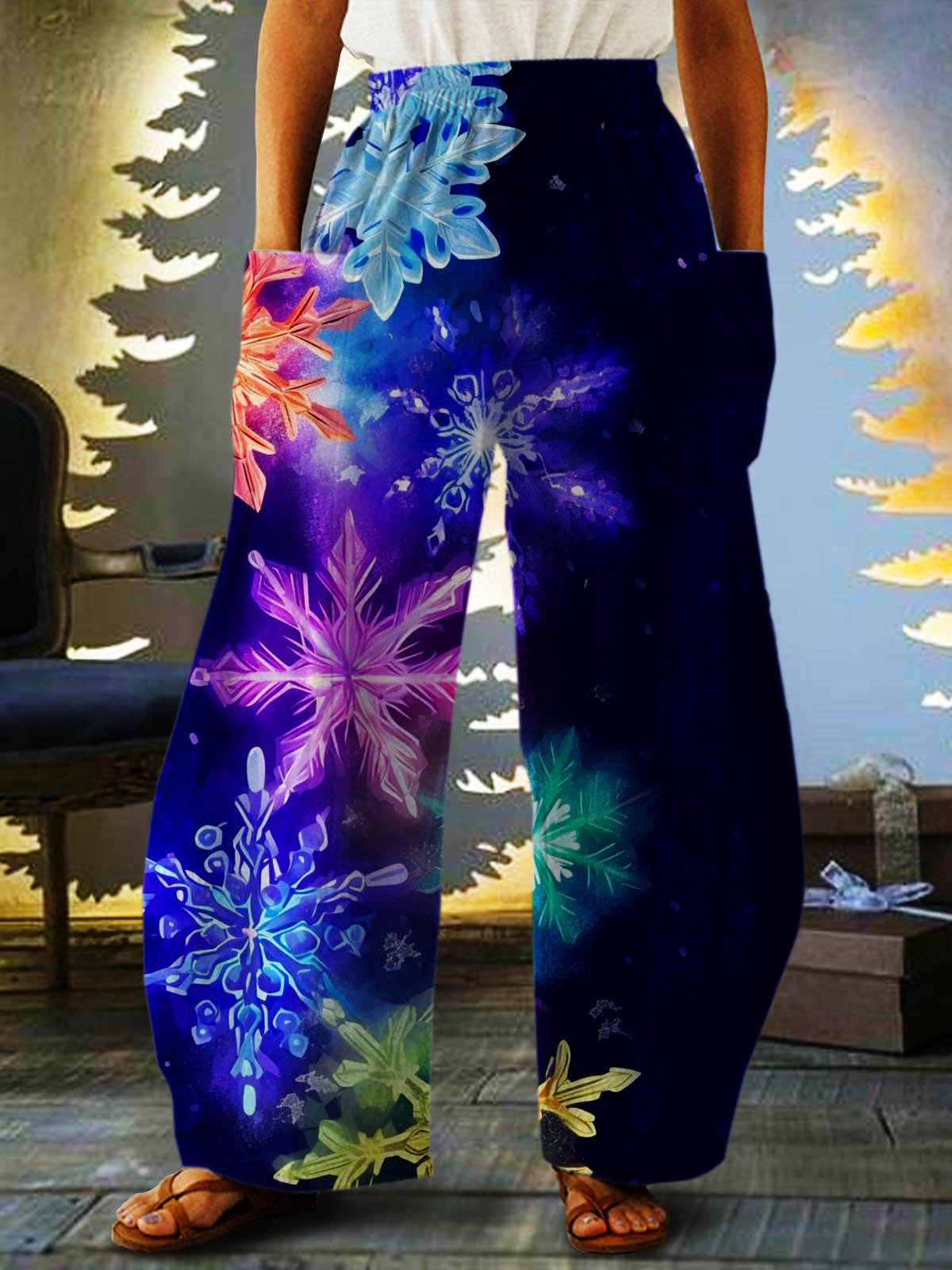 Women's Christmas Snowflake Colorful Print Casual Loose Pants