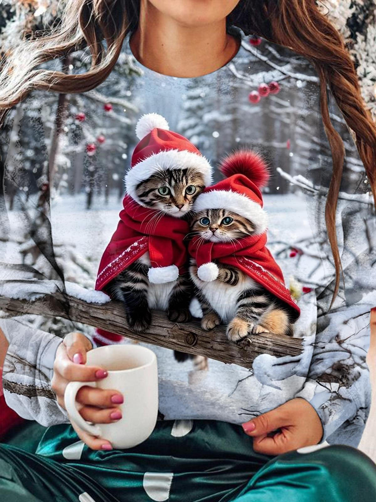 Women's Christmas Cat Winter Snow Print Long Sleeve Top