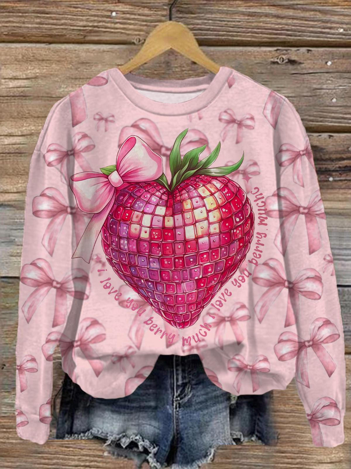 I Love You Berry Much Valentines Printed Long Sleeve Casual Top