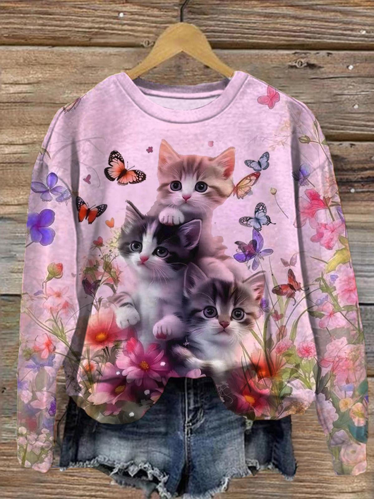 Cute Cat In The Flowers Printed Long Sleeve Casual Top