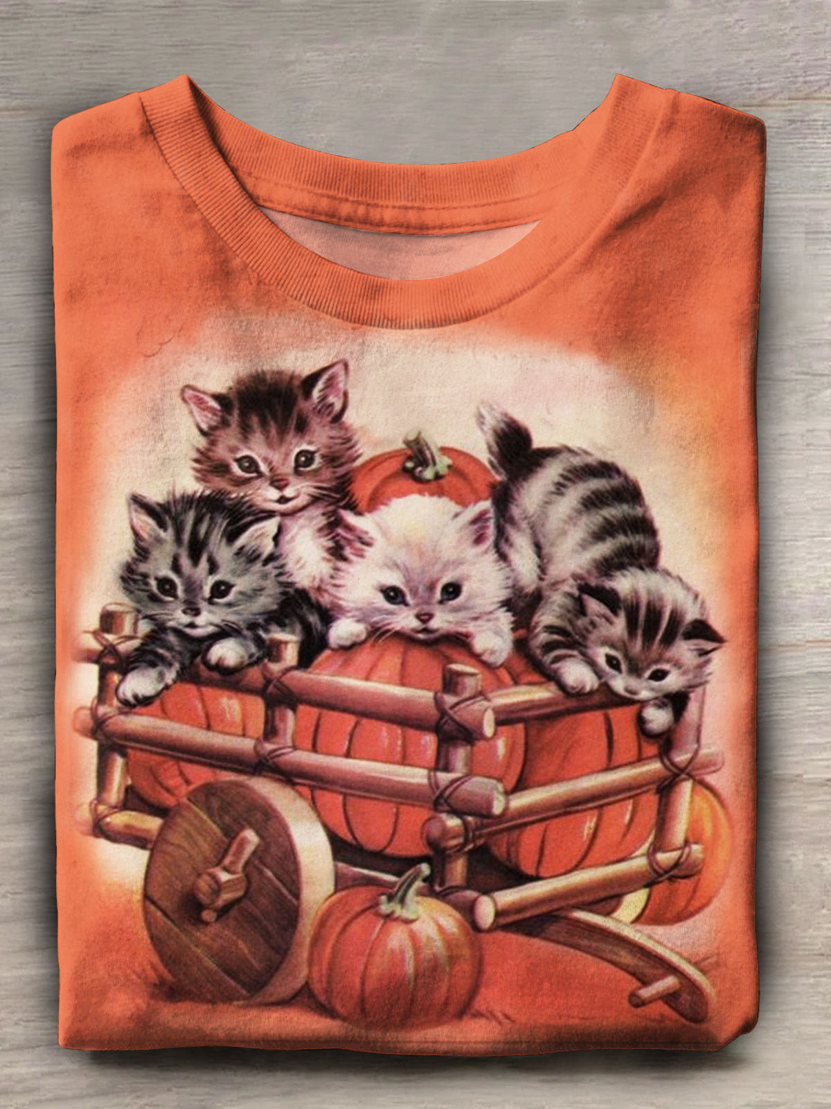 Autumn Pumpkin Cat Print Casual Short Sleeve Top