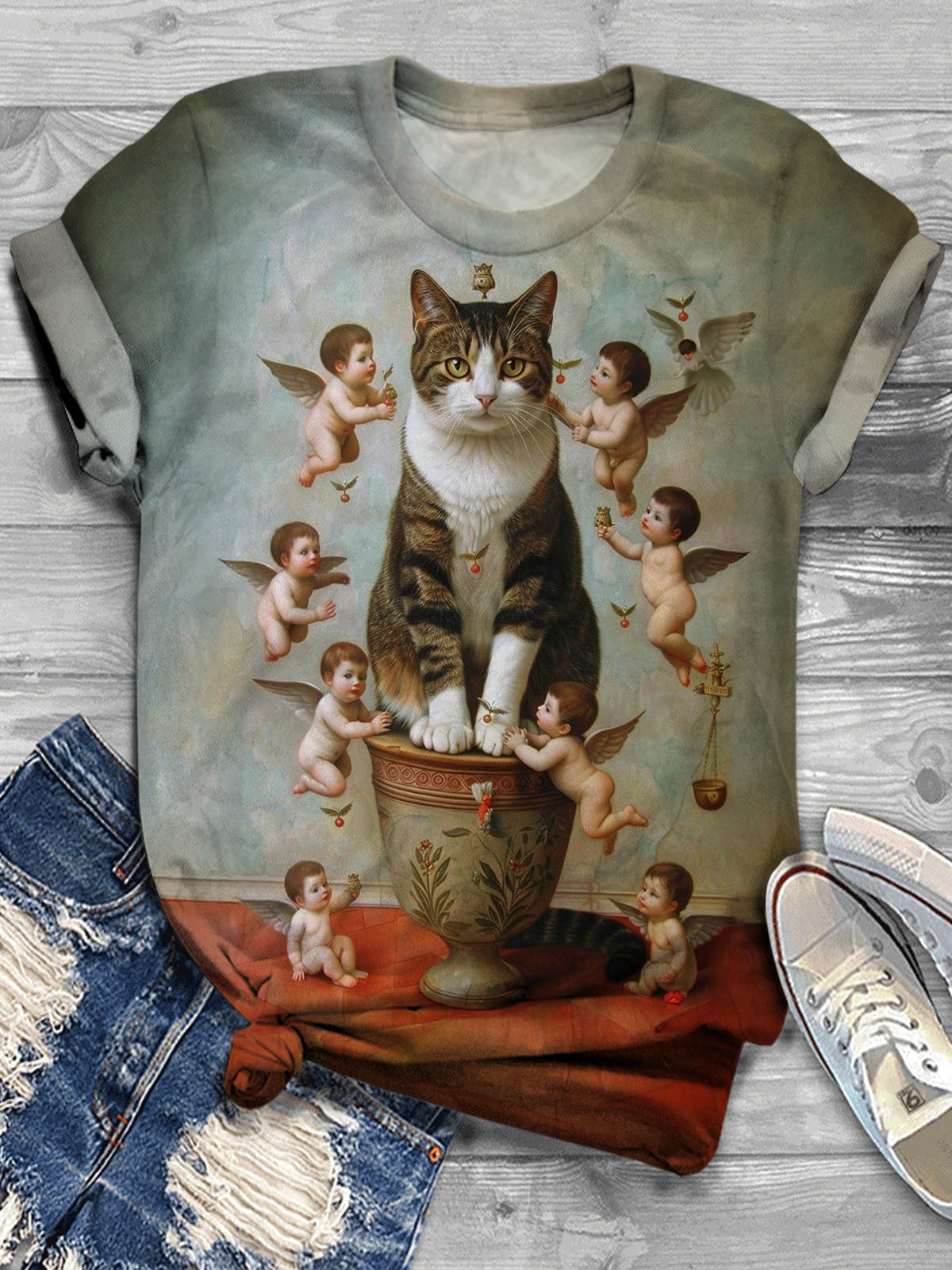 Women's Vintage Cat Angel Faith Vase Art Print Casual T-Shirt