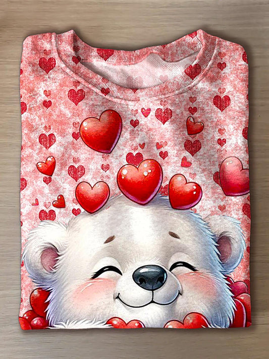 Women's Valentine's Day Love Polar Bear Printed Long Sleeve Casual Top