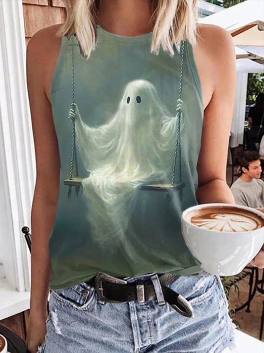 Halloween Ghost Oil Painting Print Cotton Tank Top