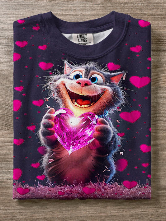 Valentine's Day Cute Kitten Diamond Love Print Crew Neck T-shirt