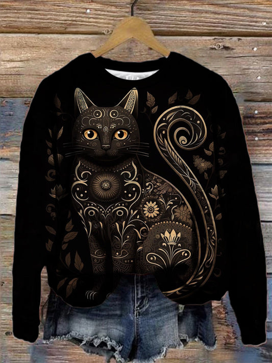 Black Cat Folk Art Print Crew Neck Long Sleeve Casual Sweatshirt