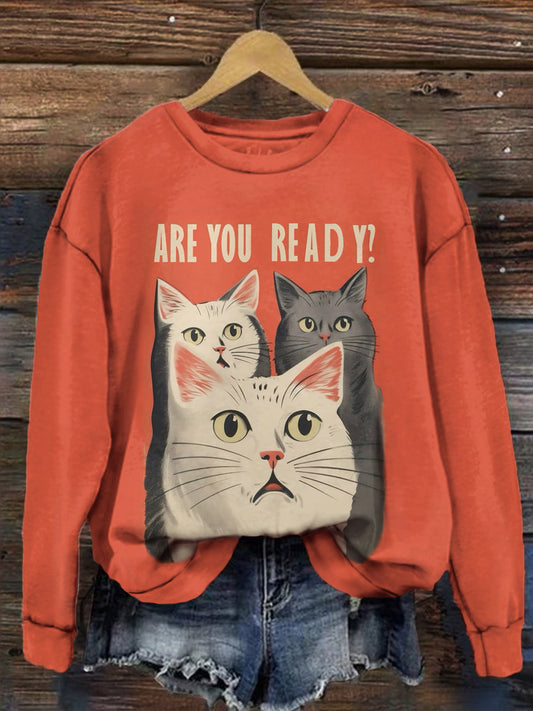 Are You Ready Funny Cat Print Vintage Long Sleeve Top