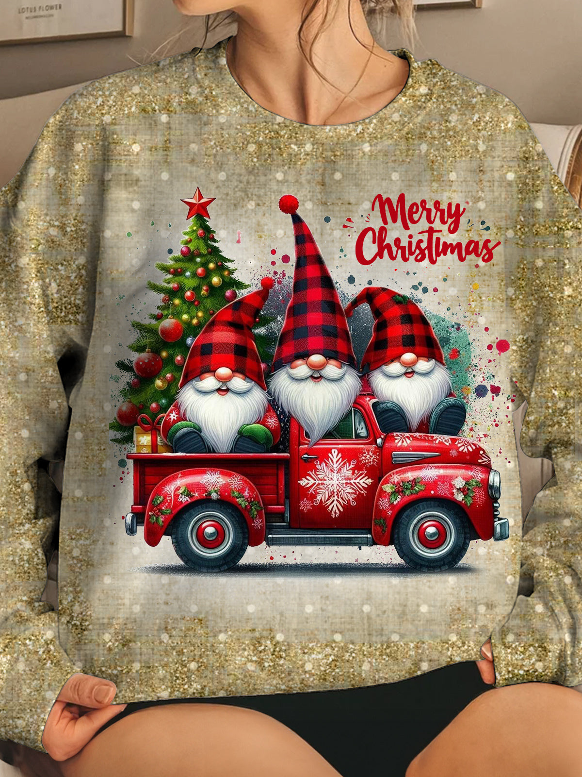 Women's Gnome Christmas Vintage Print Long Sleeve Top