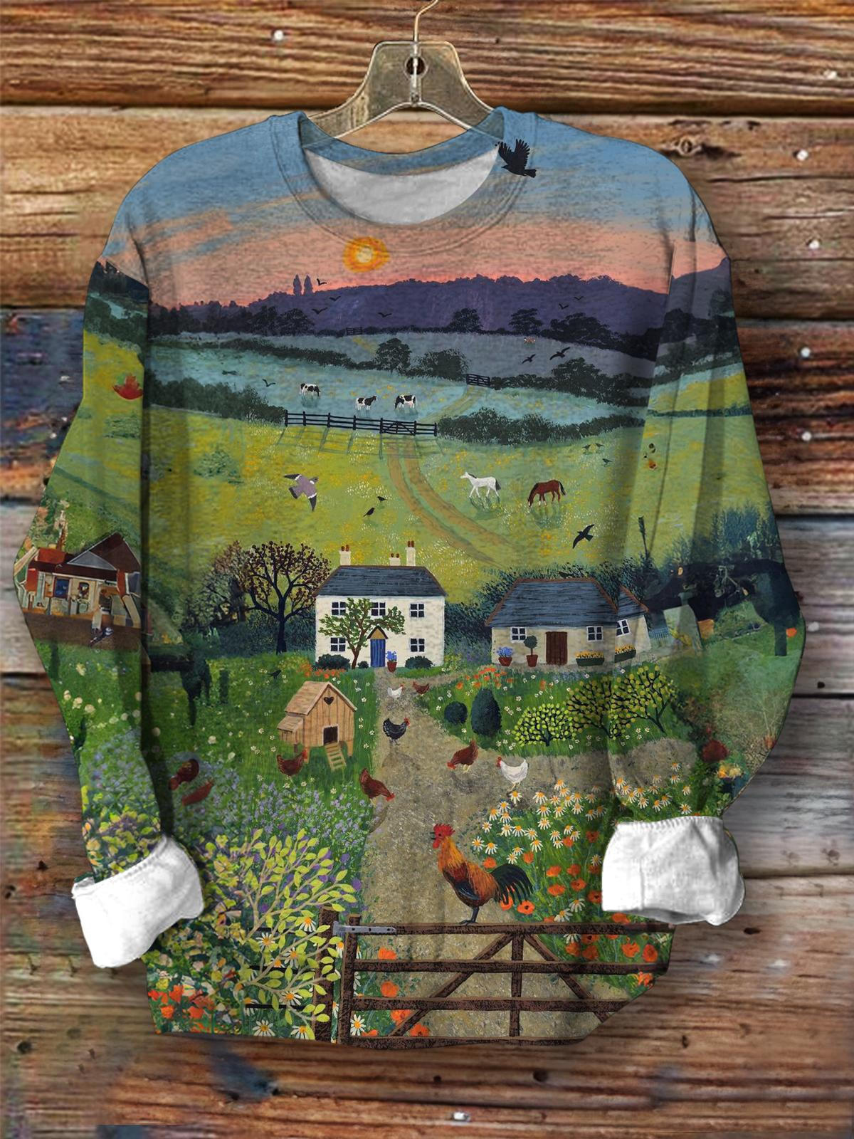 Women's Countryside Field Print Long Sleeve Top