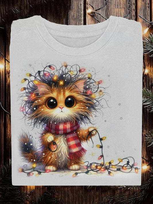 Quirky Cat Christmas Lights Long Sleeve Casual Top