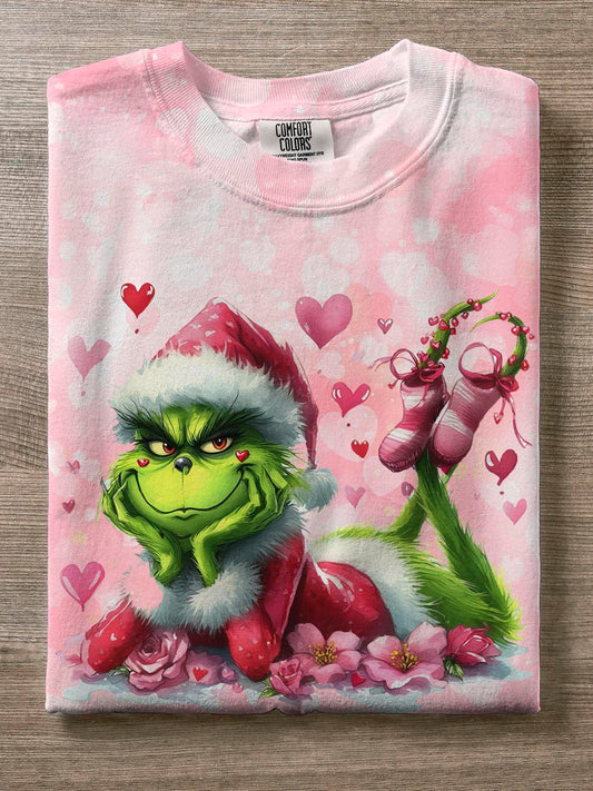 Valentine's Day Green Cartoon Characters Crew Neck T-shirt