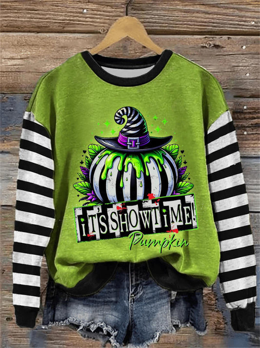 It's Showtime Pumpkin Print Round Neck Long Sleeve Top