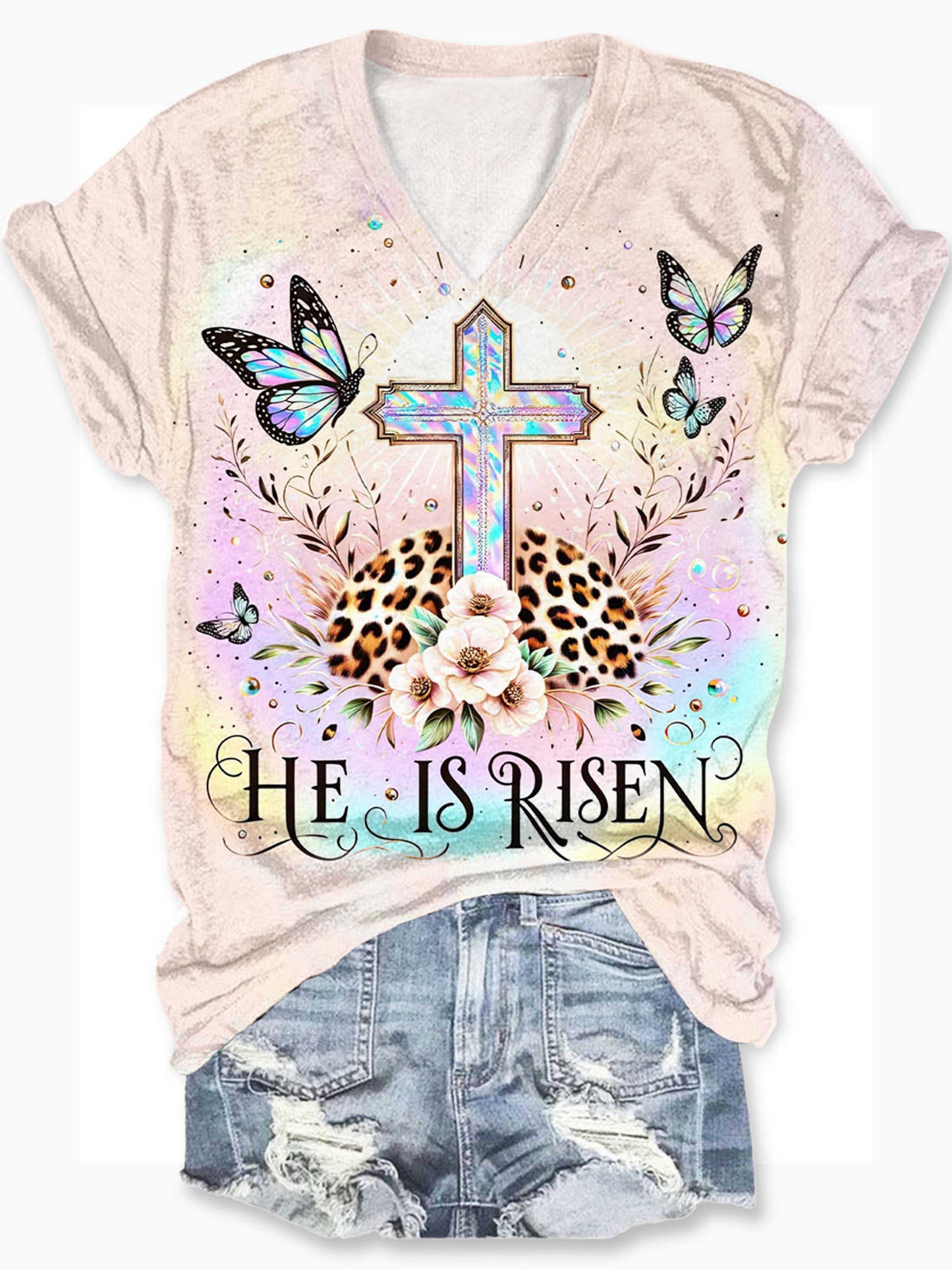 He Is Risen Jesus God Butterfly V Neck T-Shirt