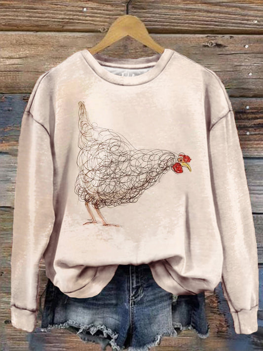 Women's Cute Hen Hand Painte Print Long Sleeve Top